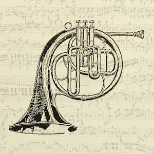 Band Instrument French Horn Drawing. Vintage Musical Instrument Wall Art. Looks Great Framed Or As-Is Wall Decoration.