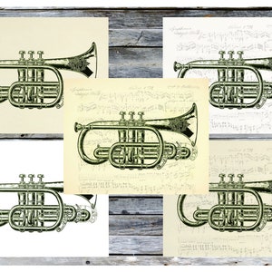 Op de afbeelding: Een verzameling van vijf prints met een vintage cornet illustratie. De cornet is afgebeeld in een gedetailleerde, gegraveerde stijl, met een metallic afwerking. Sommige prints bevatten muzieknotatie op de achtergrond, terwijl andere een effen achtergrond hebben. De prints worden gepresenteerd op een rustiek houten oppervlak.