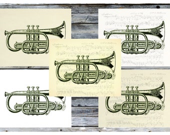 May include: A collection of five prints featuring a vintage cornet illustration. The cornet is depicted in a detailed, engraved style, with a metallic finish. Some prints include musical notation in the background, while others are on a solid background. The prints are displayed on a rustic wooden surface.