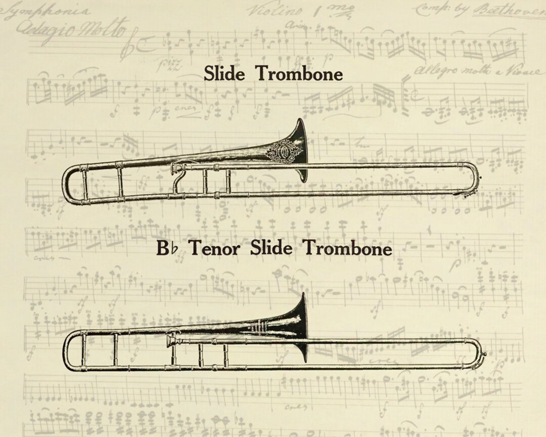 Slide Trombones Drawing. Band Instrument Drawing. Vintage Etsy