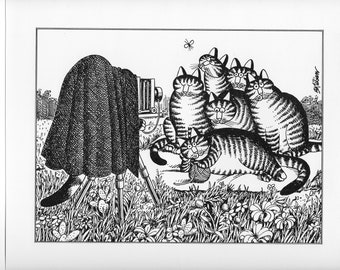 May include: A black and white cartoon illustration depicts a photographer under a dark cloth, taking a photo of six cats. The cats, with striped fur, are gathered in a grassy area with flowers. A small insect flies above them.