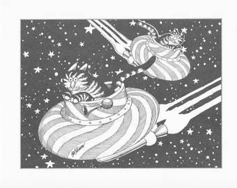 May include: Black and white illustration of two cats in striped spacecrafts, flying through a starry sky. The cats have surprised expressions. The spacecrafts have a horn-like detail and are emitting a trail.