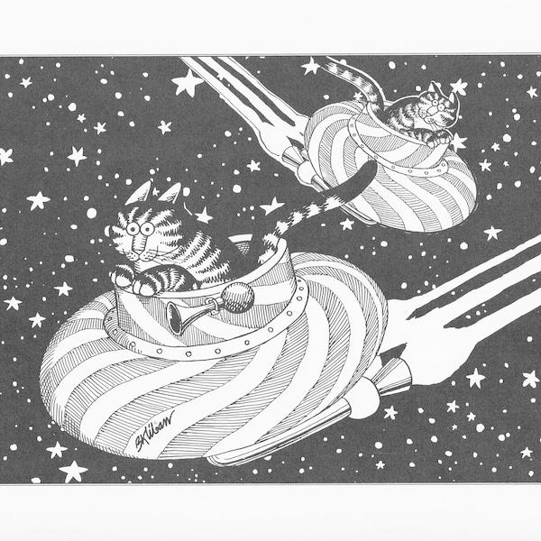 B. Kliban Cat Vintage Art Print, Gatos en el espacio - Gatos en platillos voladores, Ilustración divertida de gatos, Impresión de gatos para amantes de los gatos y fanáticos de Kliban