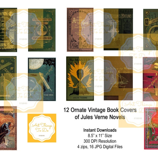 Beautifully illustrated 12 Vintage Book Covers of Jules Verne novels. Instant downloads, high resolution, great for arts and crafts projects
