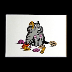 May include: A cartoon illustration of a gray tabby cat surrounded by colorful hats. The cat is seated, holding a hat to its ear. The hats are various colors and patterns, including orange, pink, and leopard print.