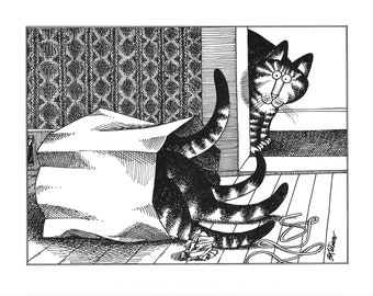 May include: A black and white cartoon illustration of a cat with stripes, peeking out of a paper bag. The cat's tail is wrapped around the bag, and the cat is looking at the viewer with a surprised expression.