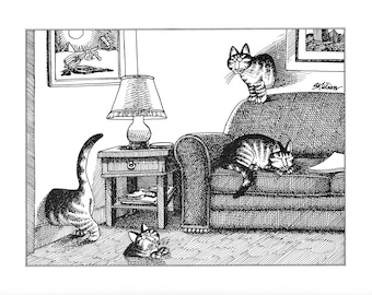May include: A black and white cartoon illustration of a living room with three cats. One cat is sitting on a couch, another is sleeping on the couch, and the third cat is standing on the floor. There is a lamp on a side table and a picture on the wall.