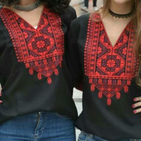 Handmade Stitch Blouse- Palestinian Embroidery- Stitched by HQ DMC Silk Thread - Made in Palestine