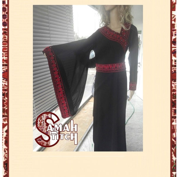 Hand Made Embroidered Black Dress with Chiffon with Belt, Beautiful Abaya, Shoes&Bag Option -Palestinian Embroidery, DMC Thread High Quality