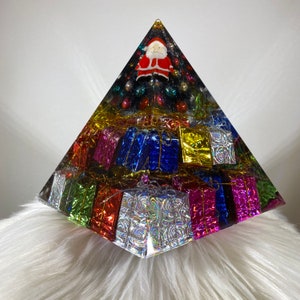 Santa with Christmas Tree and Presents Pyramid, Christmas Decorations, Resin Pyramid