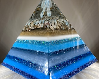 Larimar Whale Stone Beach Pyramid with Seashells and Sand, Home Decor, Resin Pyramid
