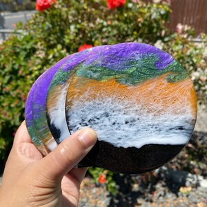 Set of 4 Purple, Green and Orange Round Wooden Coasters