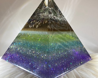 Fluorite Dolphin Pyramid with Stones and Seashells, Home Decor, Resin Pyramid