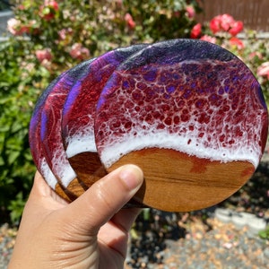 Set of 4 Burgundy, Purple and Black Dark Round Wooden Coasters