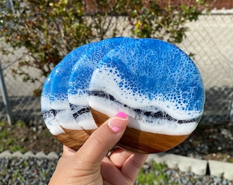 Set of 4 Ocean Themed Round Acacia Wood Coasters