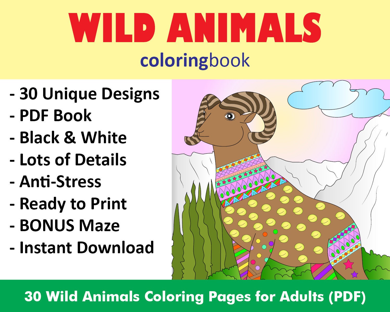 Download Wild Animals Coloring Book 30 Designs Coloring Books Etsy