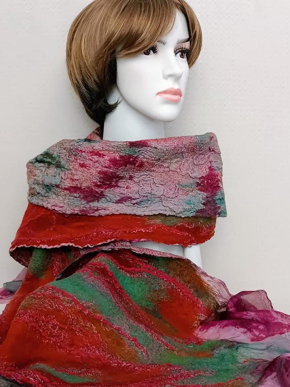 Nuno Felted Wool Scarf, Handmade Fiber Art Shawl