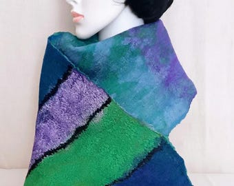 Handmade Felted Wool Silk Scarf: Colorful Art Shawl