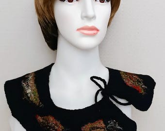 Handmade Felted Wool Collar, Double-Sided Art, Merino & Silk