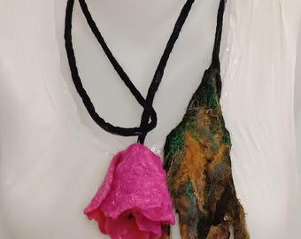 Felted Merino Wool Flower Necklace, Handmade Textile Jewelry