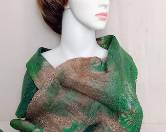 Green Merino Felt Scarf, Handmade Nuno Felted Silk Scarf