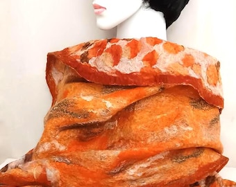 Handmade Merino Wool Felt Cloak, Orange Fiber Art Cape