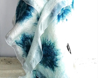 Nuno Felted Scarf: Handmade Silk & Wool Shawl, White and Blue