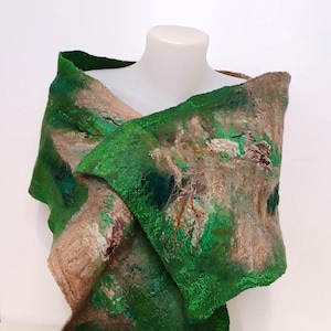 Green Merino Felt Scarf, Handmade Nuno Felted Silk Scarf
