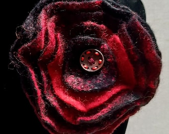 Handmade Red & Black Felted Flower Brooch, Merino Wool Accessory