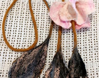 Handmade Merino Wool Felt Necklace, Pink Flower Branch, Textile Jewelry