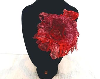 Handmade Red Felt Flower Brooch: Wet Felted Wool Ornament