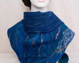 Handmade Felted Wool Scarf - Blue Triangular Shawl
