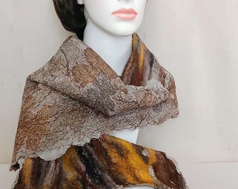 Handmade Nunofelt Scarf, Maple Leaf Ecoprint, Merino Wool Silk