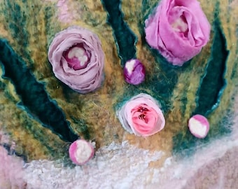 Handmade Nuno Felt Wall Tapestry, Floral Eco Decor (14.5/31inch)