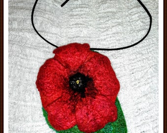 Necklace - red poppy  gift for women  Felted jewelry  Felt red poppy  Felt wool necklace   Handmade felt necklace