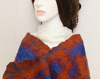 Terracotta Nunofelted Scarf, Wool and Silk, Handmade Wearable Art