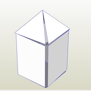 Op de afbeelding: Een wit papieren model van een huis met een puntdak. Het model is gevouwen en klaar om in elkaar te worden gezet.