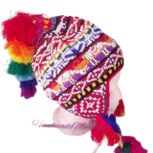 Peruvian hat, Peruvian Hat knitted by hand, Knit chullo, Pom pom hat, Peruvian embroidery, Embroidery hat. Unisex.hand embroidered with bead