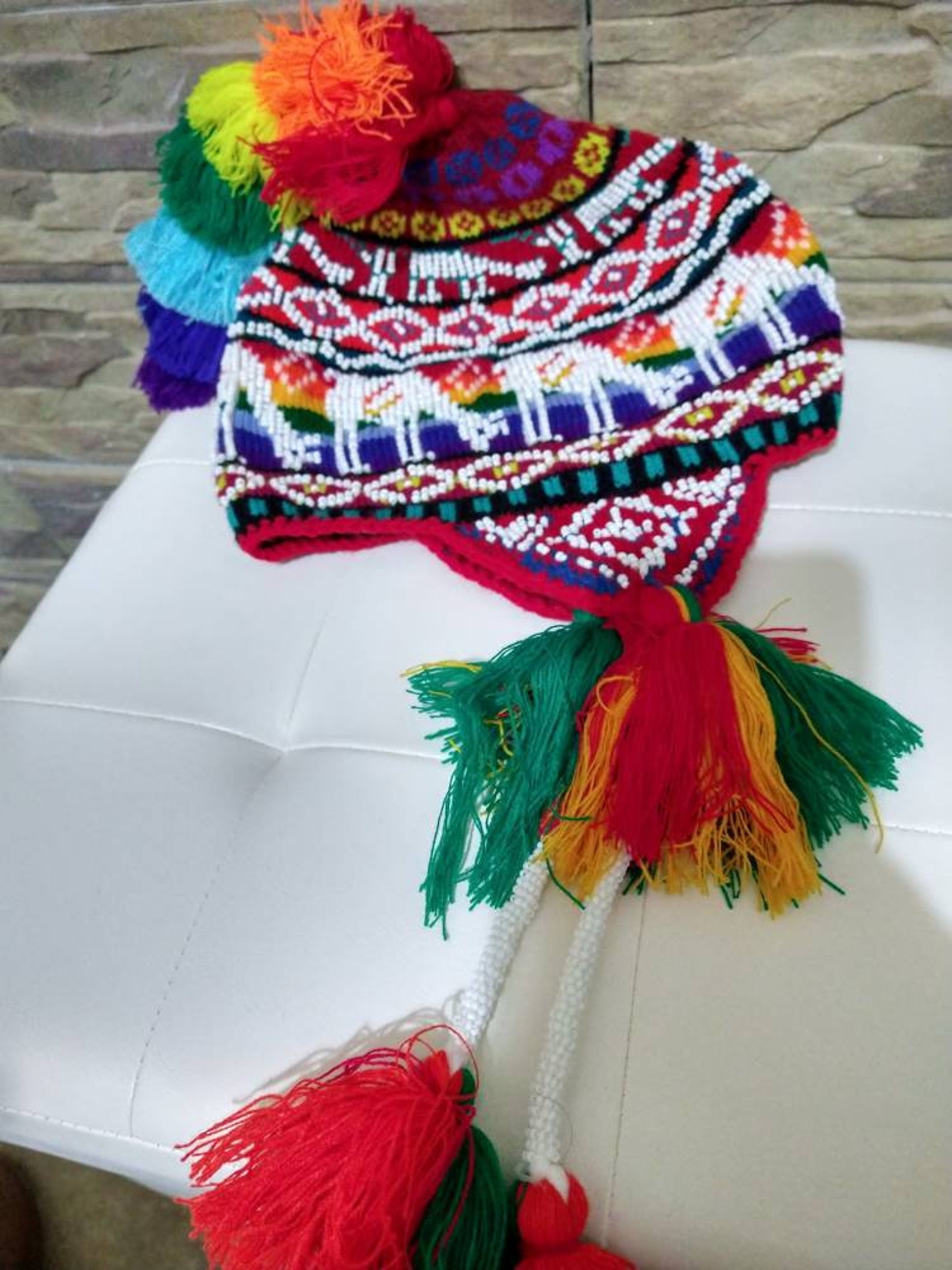 Peruvian Hat, Peruvian Hat Knitted by Hand, Knit Chullo, Pom Pom Hat