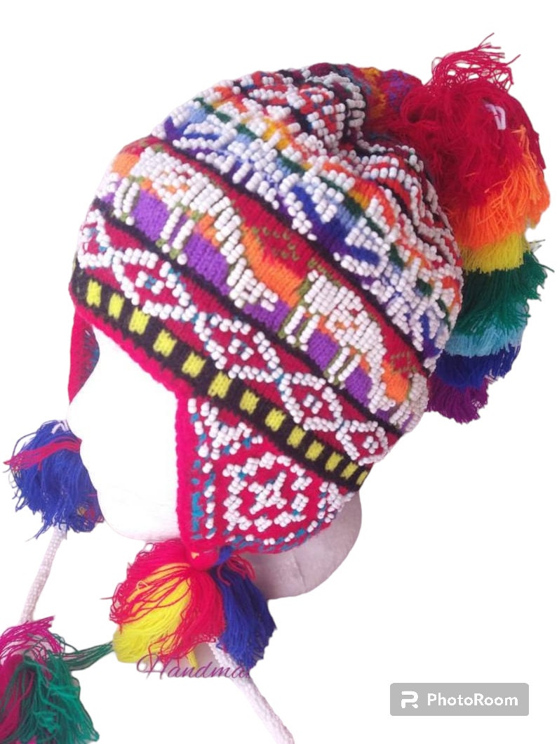 Peruvian Hat, Peruvian Hat Knitted by Hand, Knit Chullo, Pom Pom Hat