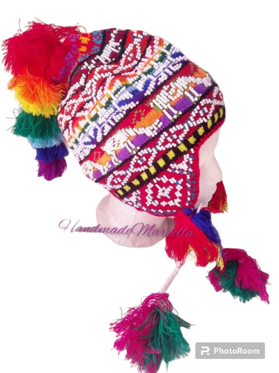 Peruvian Hat, Peruvian Hat Knitted by Hand, Knit Chullo, Pom Pom Hat