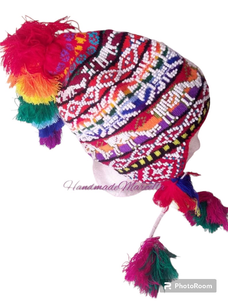 Lady Grey Peruvian Chullo With Beads Pom Pom Unisex | Winter  display picture 3