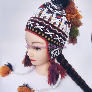 Alpaca desing chullo, unisex hat, typical Peruvian hat, hand embroidered hat, colorful tassel hat, unisex hat, south american knitted hats