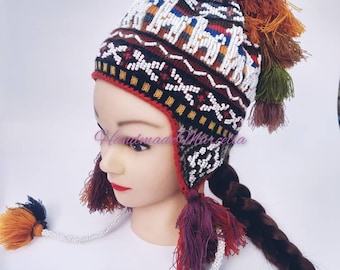 Alpaca desing chullo, unisex hat, typical Peruvian hat, hand embroidered hat, colorful tassel hat, unisex hat, south american knitted hats