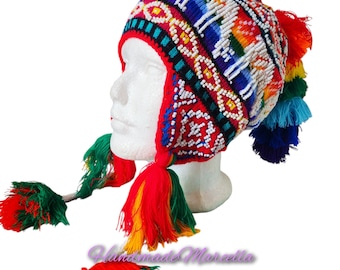 Cappello Chullo andino lavorato a mano, unisex per adulti, con pompon e ricami di perline