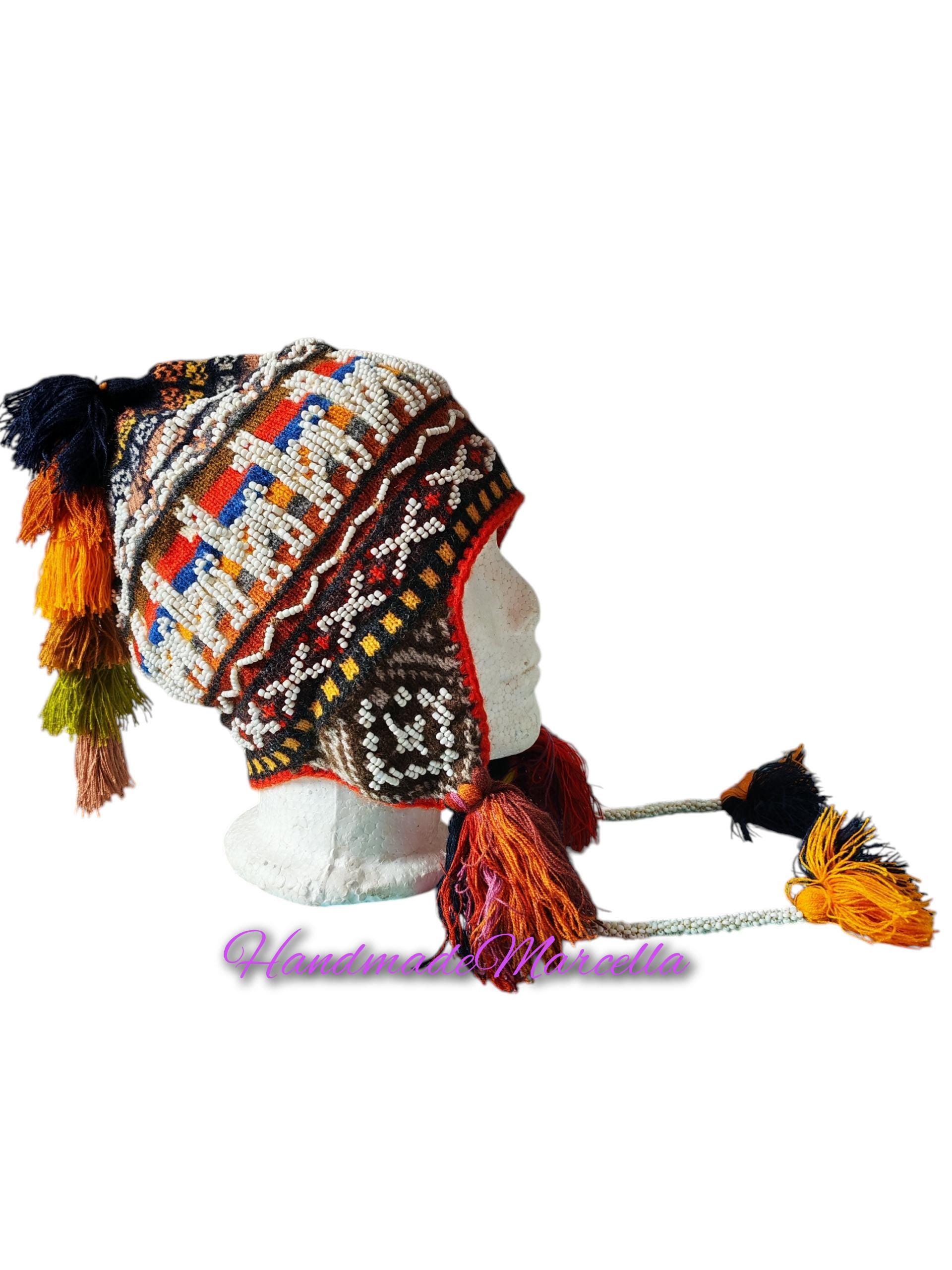 Allpaka Peruvian Handmade Unisex Beaded Chullo Shaman Tasseled Hat Handmade Alpaca Chullo Hat, Embroidered Peruvian Beanie With  main image 2