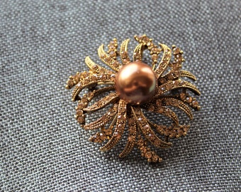 Superbe combo vintage Golden Brooch Pendentif - perle, cristaux