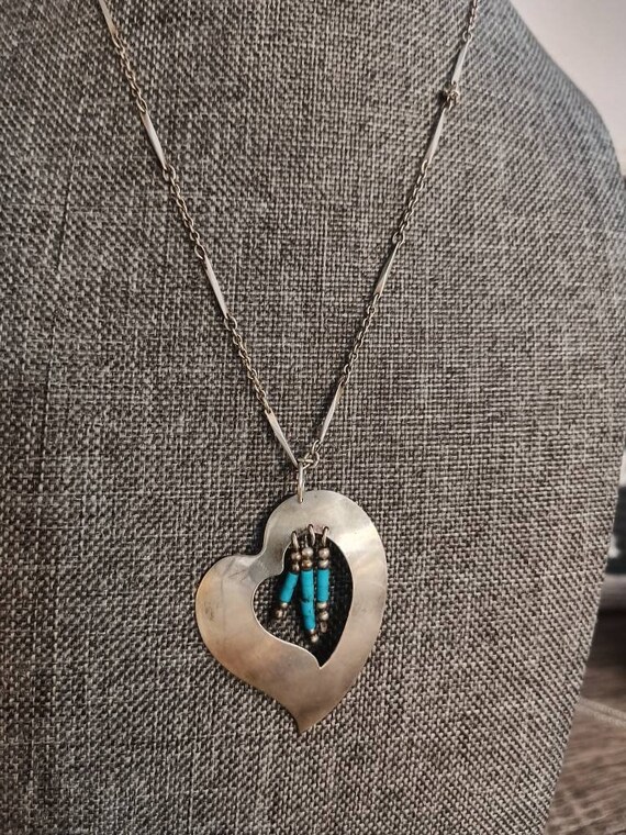 Vintage silver chain w Heart pendant & turquoise … - image 6