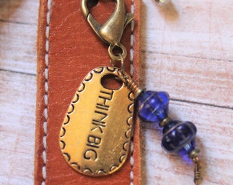 Vintage leather keyring w cobalt glass beads & THINK BIG charms Aromatherapy use!