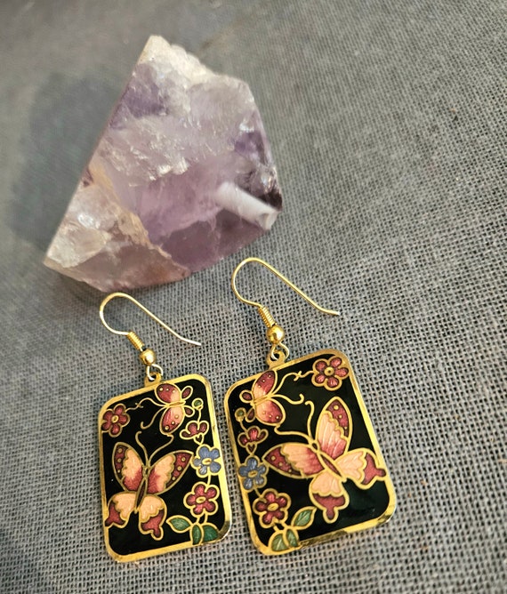 Cloissone floral butterfly post earrings 1980s re… - image 2